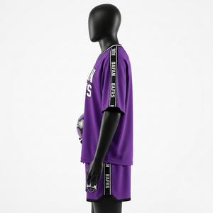 Conjunto de Camiseta y Pantalones Cortos de Fútbol para Mujer, 160 GSM, Malla de Poliéster que Absorbe la Humedad, Panel de Manga Morado y Negro, Logotipo del Equipo Personalizado - Product Image 6