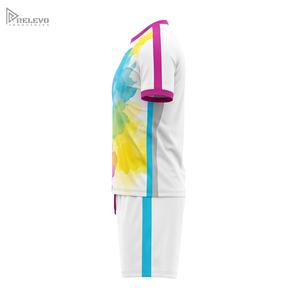 Conjunto de Uniforme de Fútbol Sublimado Completo OEM, Cuello Redondo, Diseño Abstracto en Tonos Pastel, Pantalones Cortos Blancos, Ropa Deportiva Transpirable - Product Image 3