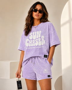 Conjunto de Camiseta y Pantalones Cortos para Mujer Laz Industries, Color Morado, Felpa Sólida, Anti-Pilling, Transpirable, Cuello Redondo, Corte Regular, Verano - Product Image 3
