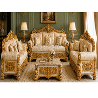 Ensemble de canapés sur mesure en teck sculpté de style français, finition dorée ornée, design luxueux et durable pour salon