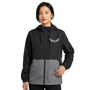 Chaqueta Cortavientos con Capucha para Hombre, Diseño Color Block Negro y Gris, Cierre Frontal con Cremallera, Logotipo, Estilo Casual, Ropa de Primavera para Exteriores - Product Image 2