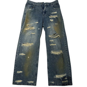 Vaqueros holgados vintage personalizables para hombre, pantalones de mezclilla lavados a la piedra, estilo hip hop, corte ancho, ropa casual pura. - Product Image 1