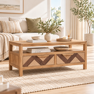 Mesa de centro de madera con diseño elegante de doble cajón frontal y estante, estilo Chevron, de la colección SOHO, para muebles de sala de estar - Product Image 1