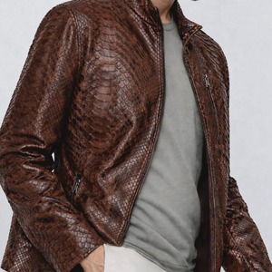 Veste moto en cuir véritable pour homme, motif python embossé, col rabattu, fermeture éclair, coupe classique, style automne - Product Image 4