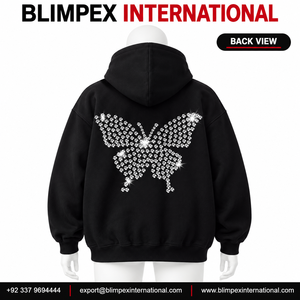 Sudadera con Capucha Personalizada con Pedrería de Mariposa, Unisex, Oversize, Negra, Estilo Pullover, OEM, Marca Privada, Streetwear, Blimpex International - Product Image 5
