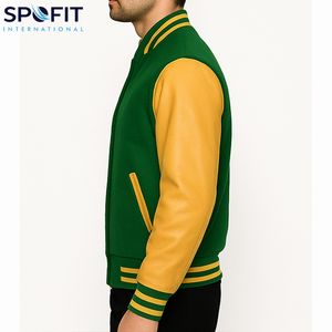 Veste bomber varsity de qualité supérieure, sur mesure, coupe ajustée, pour hommes, en laine avec manches en cuir, fermeture à boutons. - Product Image 5