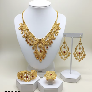 Elegante Juego de Collar y Pendientes de Cadena de Cuerda de 16 Pulgadas con Diseño de Hoja y Circones Chapados en Oro Natural Sólido para Mujer, Modelo 53069 - Product Image 1