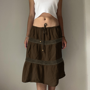 Vintage Boho Brown Breathable Embroidered Feathers Midi Skirt for Women <b>Elastic</b> Waist A-Line Casual Style - Product Image 3