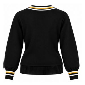 Pull en tricot à col en V pour femme, design personnalisé avec lettres, manches longues, broderie, polyester/coton épais, col et poignets contrastés - Product Image 2