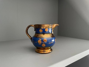 Vintage Ceramic Pitcher Blue Gold Floral Design Pottery <b>Jug</b> for <b>Drinks</b> Party Use - Product Image 2