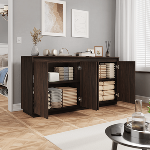 Credenza a 4 Ante in Legno di Noce con Presa di Corrente, Design con Texture Verticale Ondulata, Ante Senza Maniglie - Product Image 6