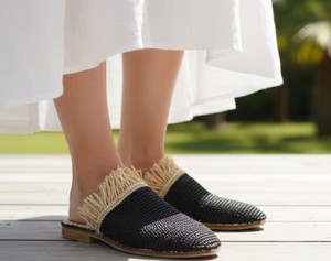 Handmade Black <b>Raffia</b> Slippers, Summer Beach <b>Sandals</b> - Product Image 1