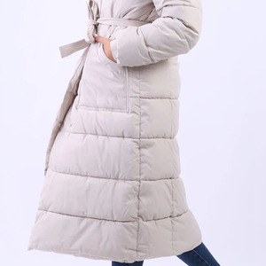 Women's Long Quilted Hooded Puffer Jacket With Belt Closure <b>Thick</b> <b>Winter</b> <b>Coat</b> Full Sleeve Solid Color Polyester Wadding - Product Image 5