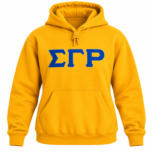 Sudadera con Capucha Amarilla Dorada Sigma Gamma Rho, Diseño de Letras Griegas Azules en el Pecho, Manga Larga, Bolsillo Tipo Canguro, Estilo Universitario - Product Image 3