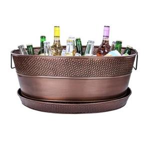 Seau à glace ovale en métal finition bronze antique avec plateau de base – Refroidisseur de boissons robuste en cuivre rustique - Product Image 4