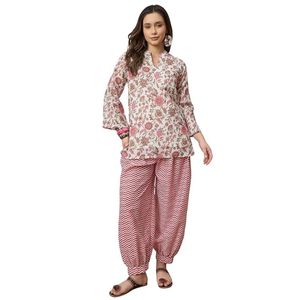 Women's Relaxed Fit <b>Linen</b> Kurta Pant Set Short Floral Kurti for Women - Product Image 1