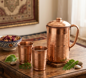 High-Quality Hammered/Lined Pure Copper Pitcher Set | Anti-Oxidant Coated Copper Water <b>Jug</b> & Glasses Vintage Elegant Copperware - Product Image 6
