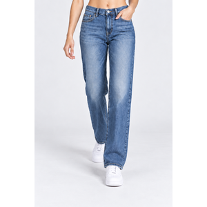 Jeans de Mezclilla de Pierna Recta y Cintura Media para Mujer con Bolsillos Verticales en Relieve, Azul Medio - Product Image 4