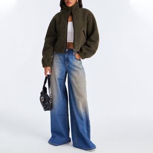 Wholesale Olive Green Fleece <b>Jacket</b> With Puff <b>Sleeves</b> Stand Collar <b>Short</b> Length Winter <b>Women's</b> Sherpa Crop <b>Jacket</b> Zip-up <b>Jacket</b> - Product Image 5