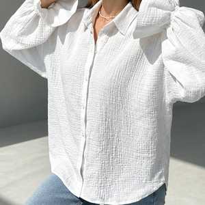 Camisa Holgada de Lino y Algodón Tejido Blanco Sólido para Mujer, Manga Larga Abullonada, Cierre de Botones, Blusa Informal para Uso Diario - Product Image 1