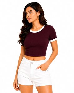 T-shirt court côtelé pour femme |   T-shirt court décontracté à col rond et manches courtes pour femmes et filles - Product Image 4