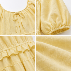 Vestido Casual de Verano para Mujer, Venta Directa de Fábrica, Amarillo, de Algodón y Lino, Mini Vestido con Cuello Cuadrado, Manga Abullonada y Diseño en Capas - Product Image 6