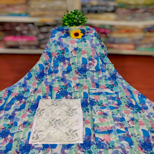 Tissu imprimé numérique allemand, motif floral slub, bleu ciel, pour robe de mariée en coton respirant pour femmes - Product Image 1