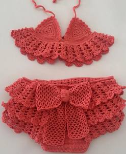 ชุดบิกินี่โครเชต์ทำมือสำหรับเด็กผู้หญิง |   ชุดฤดูร้อนสีชมพูคอรัลพร้อมโบว์ - Product Image 3