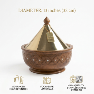 Ensemble de plats à fondue en bois blanc Royal, durable et élégant, avec tajine conique de luxe en laiton et incrustation de nacre, à haute capacité de rétention de chaleur - Product Image 4