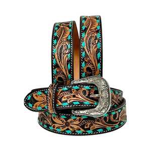 Cinturón de Cuero Genuino con Diseño Floral y Hebilla de Aleación Plateada, Estilo Casual y Duradero, Diseño Pintado - Product Image 1
