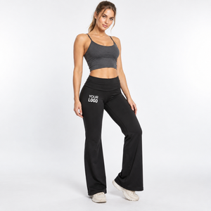 Pantalon de yoga évasé taille haute longueur intégrale noir avec logo personnalisé imprimé par transfert thermique en Spandex et Polyester extensible dans les quatre sens - Product Image 4
