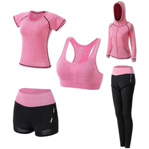 Women's Pink <b>Black</b> Contrast Color Blocking Yoga Sport Set Hoodie Tank Top Shorts <b>Leggings</b> Breathable Mid Waist Quick Dry 180g - Product Image 2