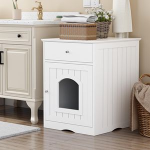 Casetta per Gatti in Legno Bianca XXL con Lettiera Integrata, Ampio Spazio Interno, Cassetto e Tavolino Laterale - Comodino per Gatti Economico - Product Image 4