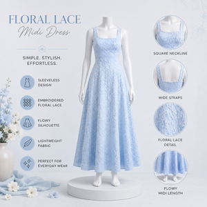 Elegante Vestido Maxi Jacquard Floral Azul Cielo para Mujer |   Vestido largo premium sin mangas con cuello cuadrado y corte en A para fiesta, boda o verano. - Product Image 5