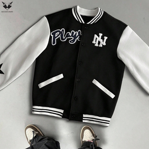 Custom Embroidery Varsity Jacket Black White Patchwork Star Design Men Letterman Jacket High Quality Cotton Fleece Bomber Coat - Product Image 3