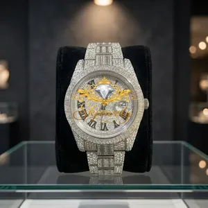 Montre de luxe en quartz avec incrustation de diamants Moissanite, bracelet en acier inoxydable, style Hip Hop, date automatique, ton argent, chiffres romains, cadeau - Product Image 1
