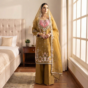 Salwar Kameez traditionnel jaune moutarde avec broderie pour femmes, tenue de mariage indienne ample, de Samp Corporation - Product Image 1