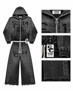 Survêtement deux pièces pour homme, coupe évasée, effet empilé, délavé vintage, imprimé, avec sweat à capuche zippé, fabrication sur mesure - Product Image 1