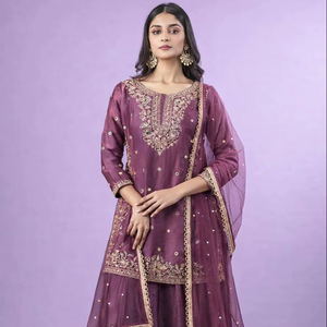 Luxury Fandy Silk Embroidered Kurti Palazzo Set with Diamond Hand Work & Soft <b>Net</b> Dupatta - Product Image 1