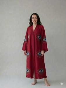 Vestido Maxi Estilo Boho con Bordado de Ojos, Manga Larga, Cuello en V, Ajuste Holgado, Algodón y Fibra de Bambú, Ropa Casual de Verano, Dobladillo Deshilachado - Product Image 2