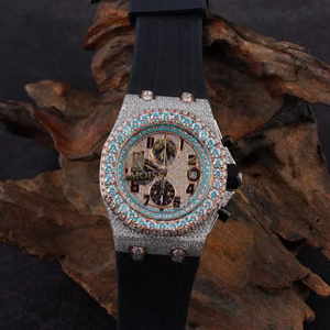 Montre-bracelet chronographe analogique en acier inoxydable avec verre quartz et moissanite glacée, fermoir papillon, incrustation de diamants noirs ETA, luxe décontracté - Product Image 1