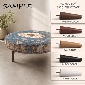 Circular Fabric <b>Pouf</b> With Abstract Geometric Pattern Wooden Legs Bohemian Living Room Decor - Product Image 2
