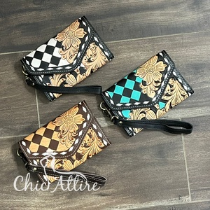 OEM ODM Customized Hand Tooled Leather Wallet Checkered Pattern Cowgirl <b>Wristlet</b> Wallet Boutique Purses RFID Card Holder Clutch - Product Image 1