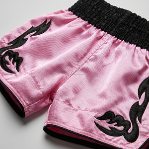 Custom Pink Satin <b>Men</b> Women Muay Thai Shorts Black Applique Patches Kickboxing <b>Trunks</b> Wholesale Custom Logo MMA Fighting Shorts - Product Image 5