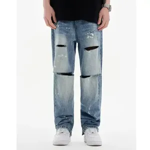 Jean baggy déchiré de haute qualité pour homme, coupe large, délavé, couleur unie, style streetwear - Product Image 1