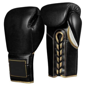 Gants de boxe professionnels en cuir, à lacets, pour adultes, noirs avec garniture dorée - Product Image 1
