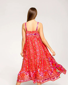 New Bohemian Red Cotton Geometric Print Casual Knee-Length Dress with Natural Waist Embroidery <b>Sequins</b> & Tassels - Product Image 2