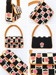 MS Handicraft Ms-wc-001 กระเป๋าถือทำมือประดับลูกปัดแก้วลายตารางหมากรุกสีดำลายดอกไม้สีชมพูกระเป๋าสะพายไหล่ - Product Image 2