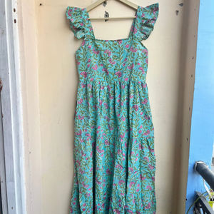 Robe longue maxi sans manches en coton indien imprimé à la main, motif floral vintage, col carré, pour femme - Product Image 1