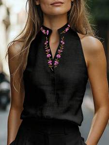 Blusa sin mangas bordada para mujer, camisa floral con cuello en V, top informal de gran venta con logo personalizado, ropa de boutique con cuello mandarín - Product Image 4